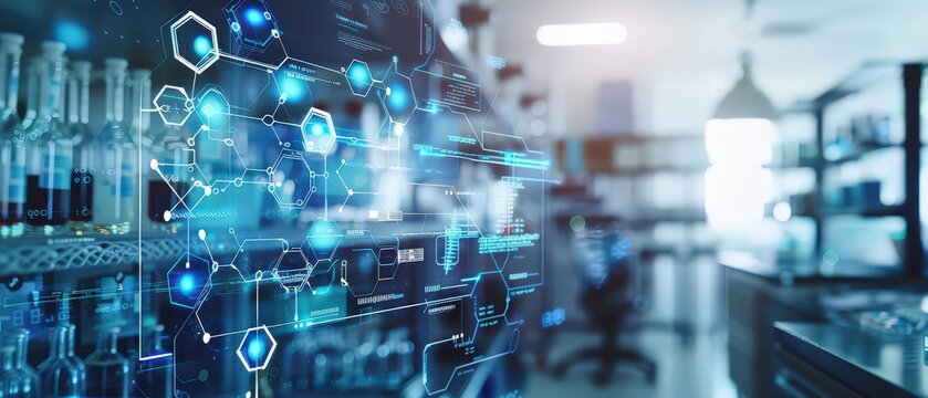 Futuristic laboratory scene with glass bottles, neon lighting and digital interface overlays, creating a modern scientific atmosphere with technology, research and innovation elements. - Powered by Adobe