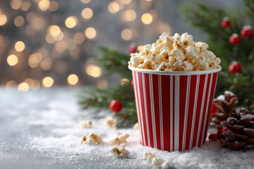 Holiday popcorn cup with red stripes arranged among seasonal decor in a wintry scene