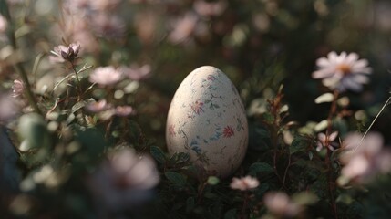 Close-up of an easter egg lying on a bed of small pink flowers. the egg is oval-shaped and has a white base with a floral pattern on it.