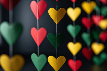 Bold vertical trio-color heart layout honoring Juneteenth with symbolic red, yellow, and green elements