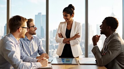A diverse group of business professionals engages in a dynamic meeting within a bright, modern corporate office. A confident female leader stands at the head of the table, attentively listening to a m - Powered by Adobe