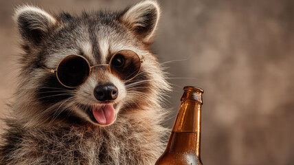 Portrait of alcoholic raccoon drinking beer from a bottle