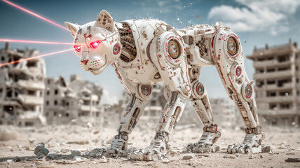 Metal cyborg panther, a war robot, firing laser beams from its eyes in dystopian post-nuclear war city