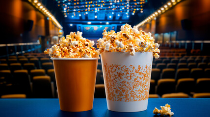 Two full buckets of popcorn, movie theater interior in the background