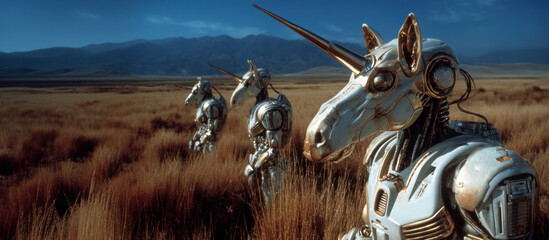 Post-apocalyptic metal cyborg unicorns chain searching the field for humans who are still alive. Punitive expedition