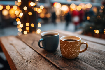 Obraz premium A pair of comforting coffee cups placed on a wooden table surrounded by warm winter bokeh lights