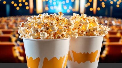 Two full buckets of popcorn, movie theater interior in the background