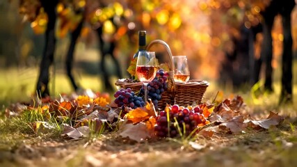 A vivid autumnal scene featuring a picnic basket filled with wine and grapes. The basket is placed on a bed of fallen leaves, and the surrounding foliage is a mix of red, orange.