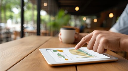 Individual interacts with a tablet screen displaying graphs and data in a bright office environment
