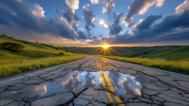 Long perspective of pothole-filled road through abandoned countryside, water mirrors dramatic cloudy sky, moody cinematic composition