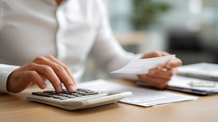 Individual is focused on calculating expenses, writing notes, and enjoying coffee on a sunny day at a wooden table