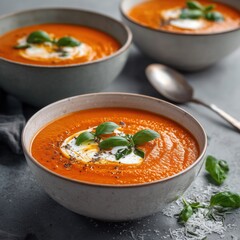 A bowl of tomato soup with cream and basil, on a grey background.