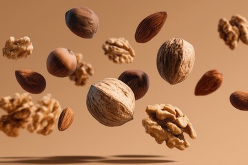 Illustration of nuts floating in the air, close-up