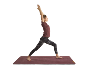 Woman practicing yoga warrior pose on mat