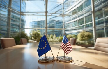 Two flags of the European Union and the United States of America on a table in a conference room.