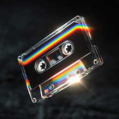 A glowing cassette tape floating in the air, holographic rainbow lighting, black background.