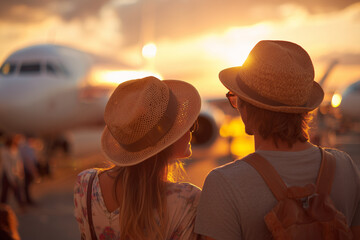 Super wide shot of a young couple wearing summer hats and sun glasses in front of a plane, before boarding.