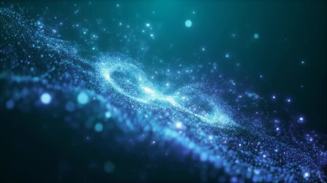 Abstract blue glowing particles swirling in cosmic nebula deep space galaxy background motion video