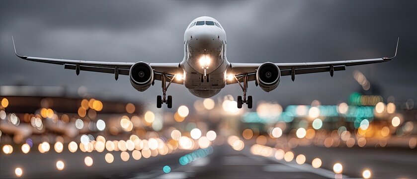 Airplanes are parked at an airport terminal at night, with bright lights shining down and ground crew servicing the aircraft