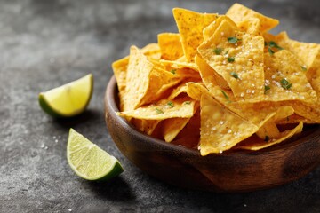 Bowl of tortilla chips with lime and queso cream on a grey background, close-up view.