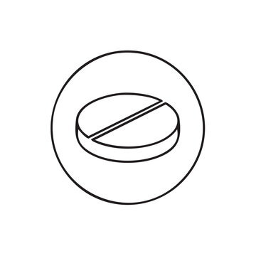 Minimalist round pill tablet icon with break line in a simple line drawing, medications in black and white style for medical designs
