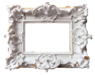 A silver frame features engravings and is cut out to show a clear empty space inside. The frame stands on a transparent background for various applications