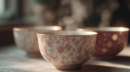 Three ceramic bowls with a floral pattern on them. the bowls are placed on a wooden surface with a blurred background.