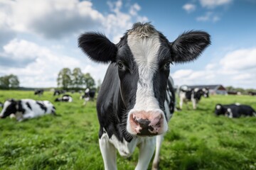 A black and white cow standing in a green grass meadow with a blurred farm landscape background.