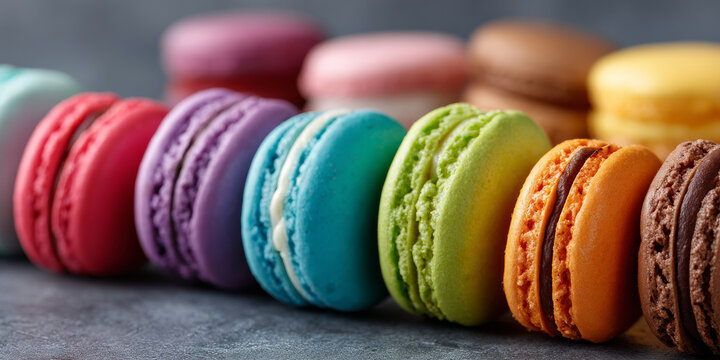 A playful row of brightly hued macarons perfect for a dessert spread - Powered by Adobe