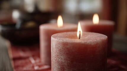 Three red candles burning on a red cloth-covered table. the candles are arranged in a row, with the largest one in the center and two smaller ones on either side.