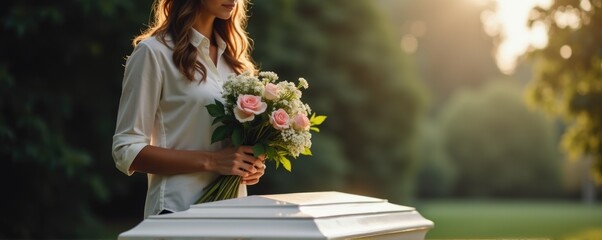 grieving woman holds a bouquet of flowers near a coffin in a cemetery, close-up