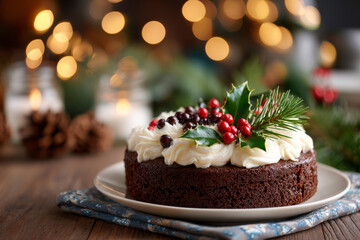 A chocolate cake topped with cream and festive decorations for a Christmas dessert celebration