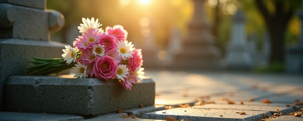 pink Rose bouquet on a marble headstone against cemetery landscape, romantic sorrow and lasting connection