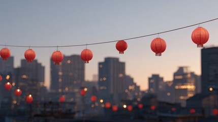String of red chinese lanterns hanging from a wire in front of a city skyline at sunset.