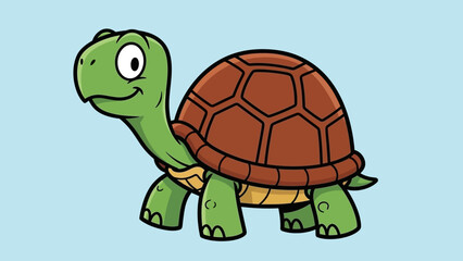 Cartoon turtle smiling cheerfully against a light blue background, showcasing playful charm
