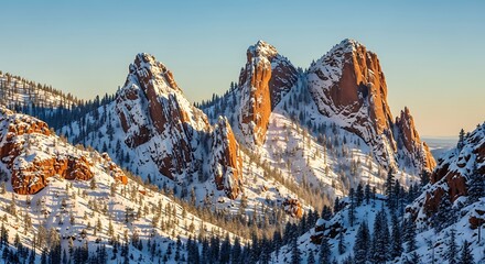 Majestic snow-capped mountain range under a clear blue sky illuminated by warm sunlight during winter.