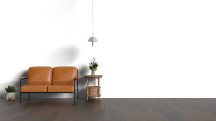 3D Render a brown leather couch sitting next to a table