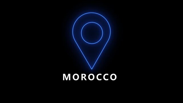 Neon blue location pin icon with the word MOROCO on a black background morocco marker
