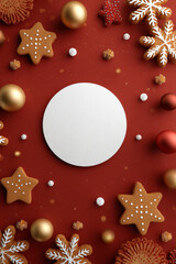 Warm-toned festive border of cookies, baubles, and snowflakes forming a circular focal point in vertical orientation