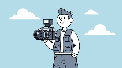 Young photographer holding a camera in a blue sky with clouds, ready to capture moments