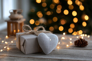 A heart-decorated box bathed in warm bokeh glows evokes homely holiday comfort.