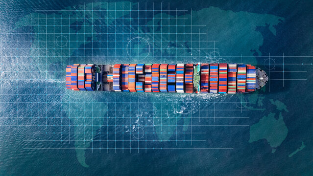 Aerial top view containers ship cargo business commercial logistic and transportation international import export by container freight cargo ship in the open seaport show ocean network on map