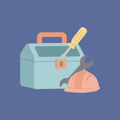 A simple graphic depicting a toolkit for construction and maintenance with a hard hat, screwdriver, and wrench.