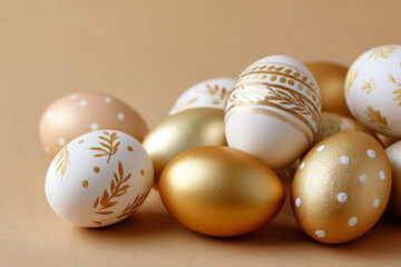 Gold and white decorated eggs arranged on a soft beige background for a festive Easter scene