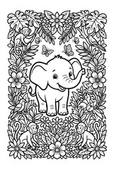 color book page of Cute Baby elephant Coloring Book Page Black and White Outline