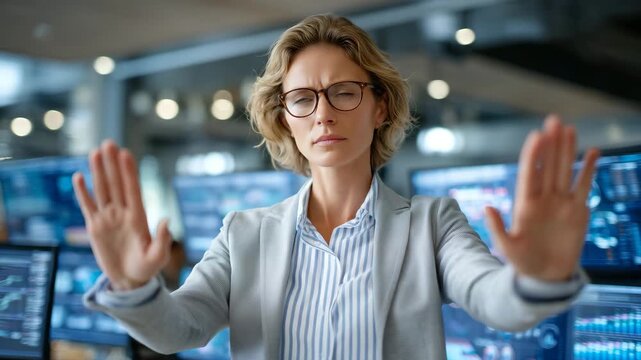 Professional woman in workplace attire, surrounded by screens and reports, showing stop gesture firmly, concept of corporate burnout and emotional resilience