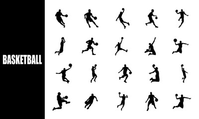 Basketball player silhouette action set. athlete activity.