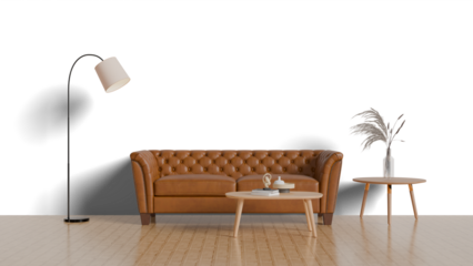 3D Render a living room with a couch table and lamp