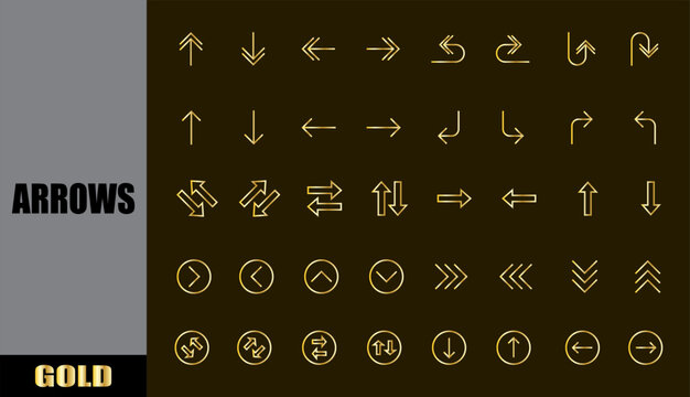 Gold arrow icon set. direction sign.