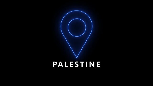 Neon blue location pin icon above PALESTINE text on black background map marker navigation
